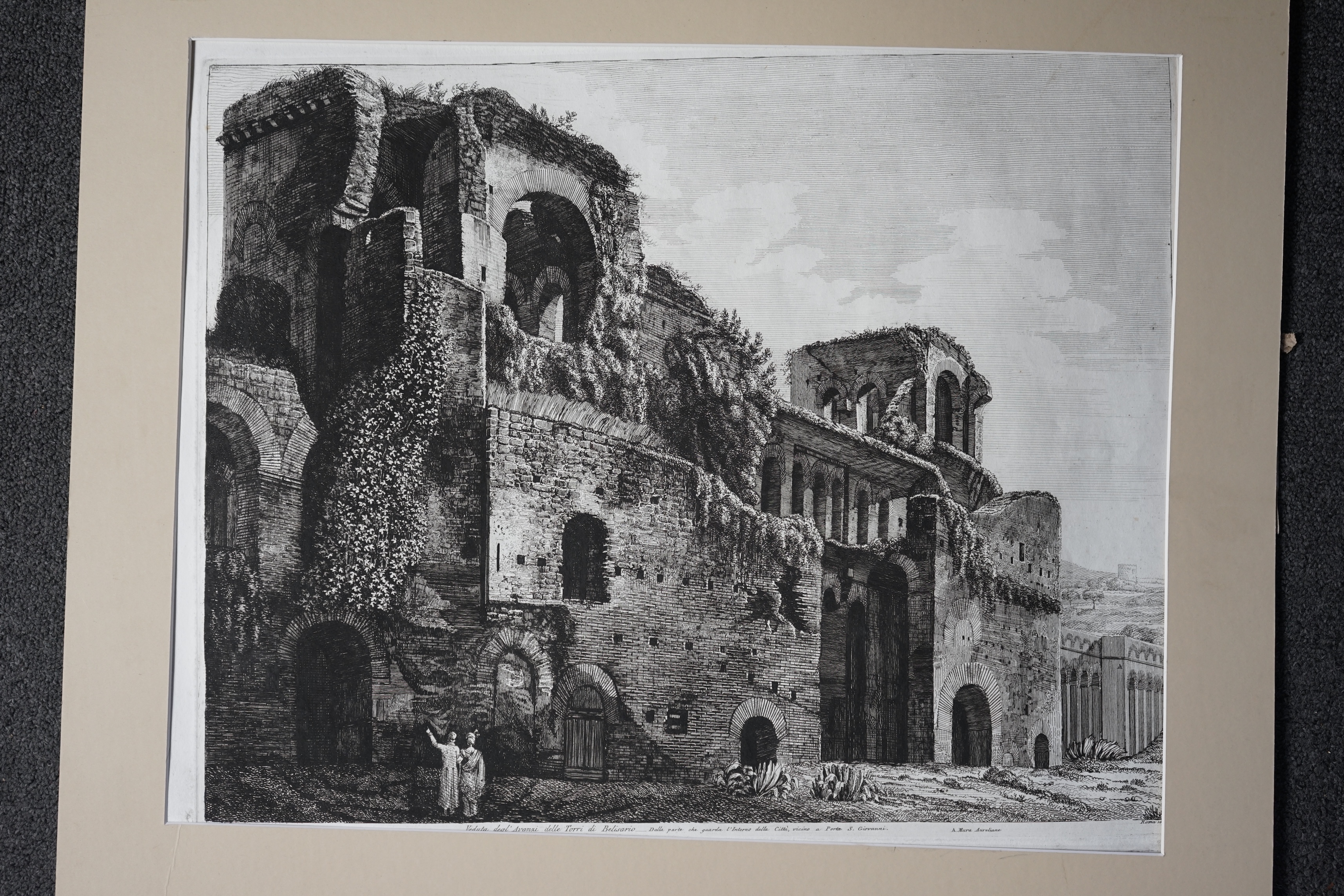 Luigi Rossini (Italian, 1790-1857), Vedute degli Avanzi delle Torri di Belisario, engraving, 1822, 41.5 x 53cm, unframed